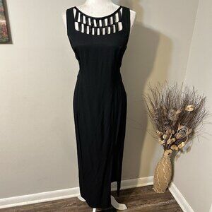 Vtg Betsy’s Things Women Long Evening Dress Black Round Cut Out Neck Slit Sz 14